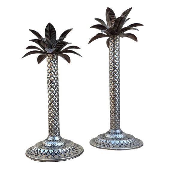 VTG Palm Tree Silver Plated Hollowware Candlestick Pair MCM Retro Candle Holders - Picture 4 of 8